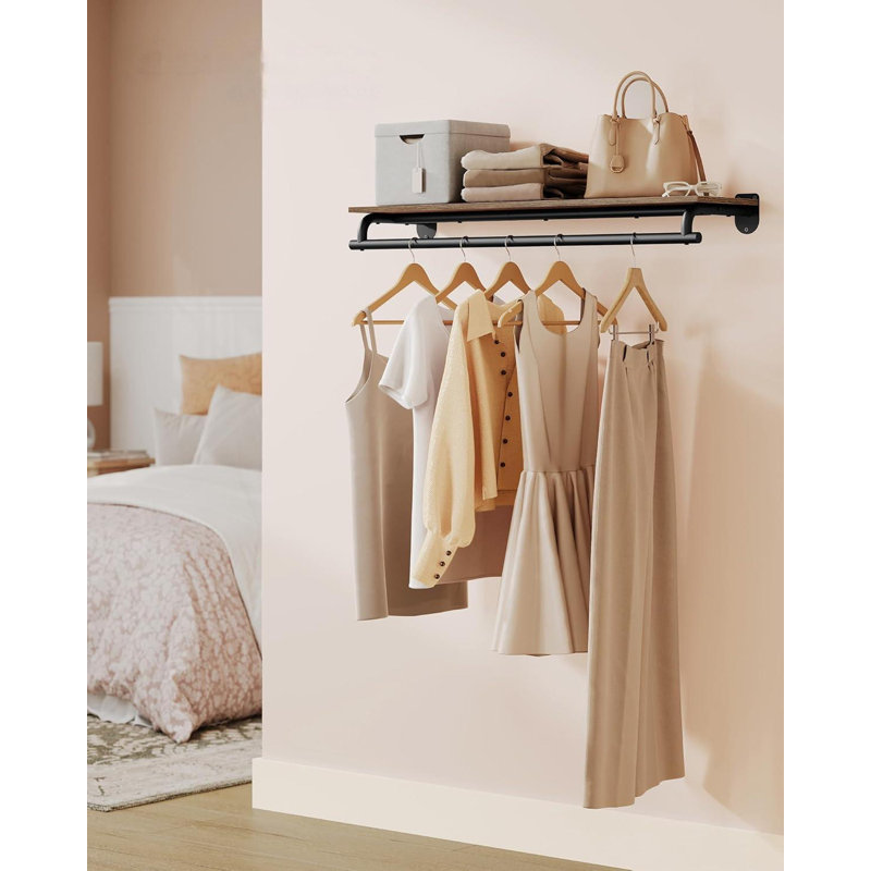 Clothes Rack With Top Shelf, Wall Mounted Clothing Rack, With Hanging Rod, Loads Up To 77 Lb, Entryway, Bedroom, Closet