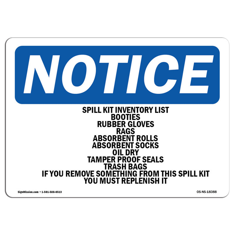 Spill Kit Inventory List Booties Rubber Sign