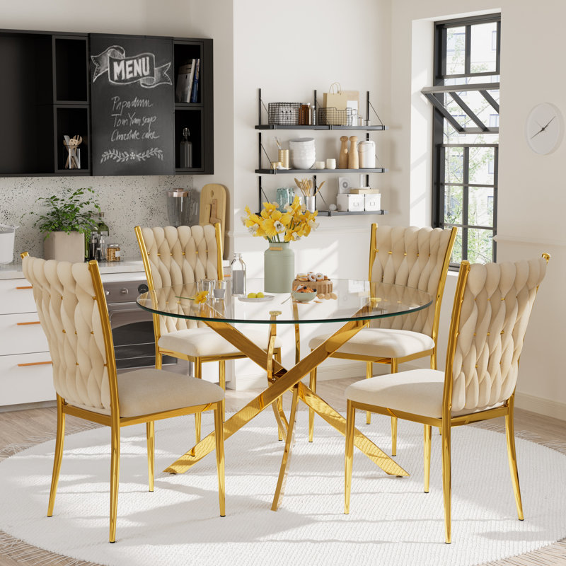 Glass Round Dining Table Set with Luxury Velvet Upholstered Dining Chairs, 29.5" H x 36" W x 36" D, 5 Pieces: Table, 4 Chairs