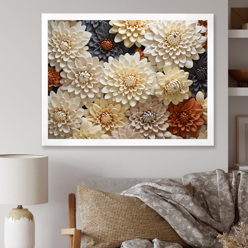 «Chrysanthemums White Mosaic Garden» sur toile, Cadre simple blanc, H 16 po x l 32 po x P 1 po