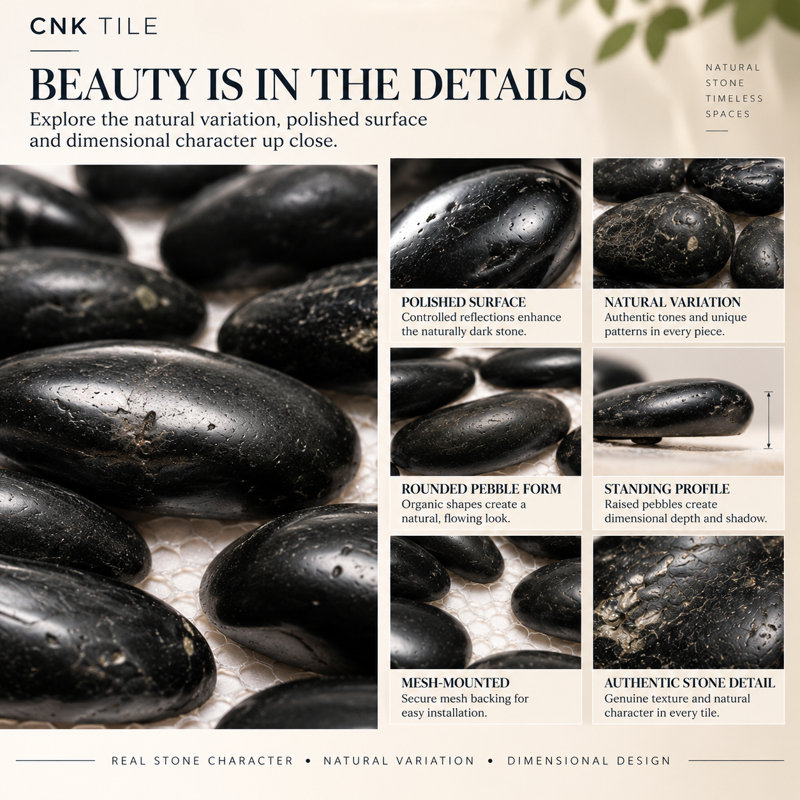 CNK Polished Black Standing Pebble Tile