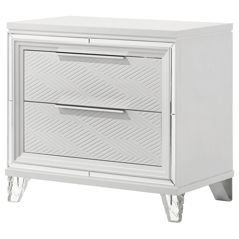Table de chevet Mory, 2 tiroirs, motif à chevrons en relief blanc, chrome