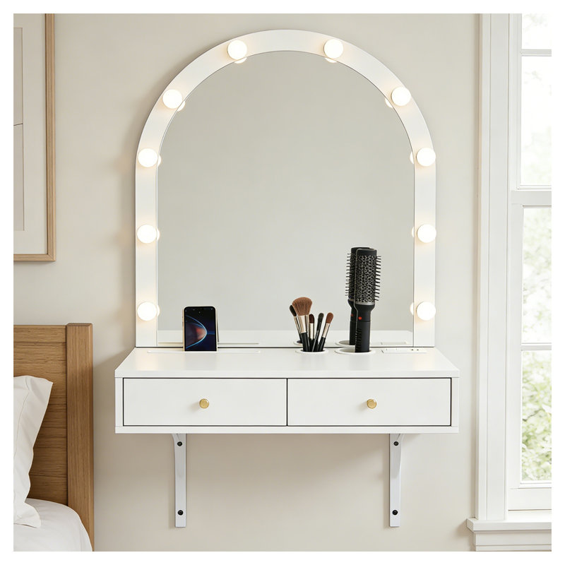 Coiffeuse murale suspendue avec miroir DEL et prise électrique, table de toilette en bois d'ingénierie blanc avec tiroirs de rangement