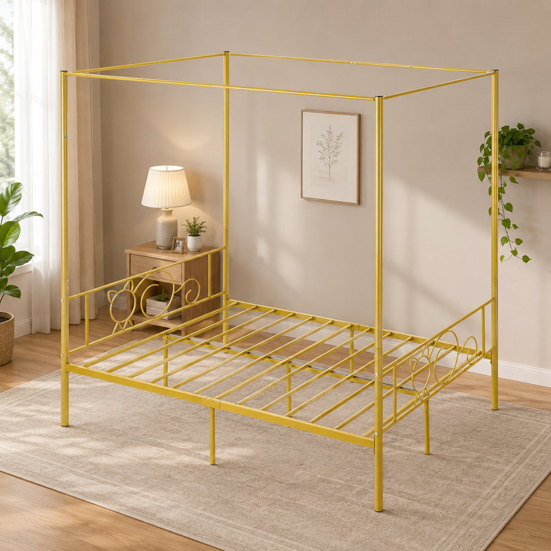 Lit à baldaquin en métal de 78,2 pouces de long, de taille standard, avec tête de lit simple, support en acier robuste, rangement sous le lit, aucun sommier nécessaire, finition dorée – montage facile.