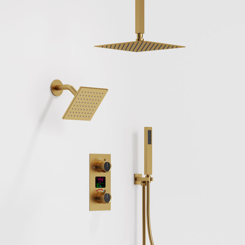 Dual Showerheads Digital Shower System, 12" Ceiling Mount Rainfall Shower Faucet with Handheld Shower, Brushed Gold
