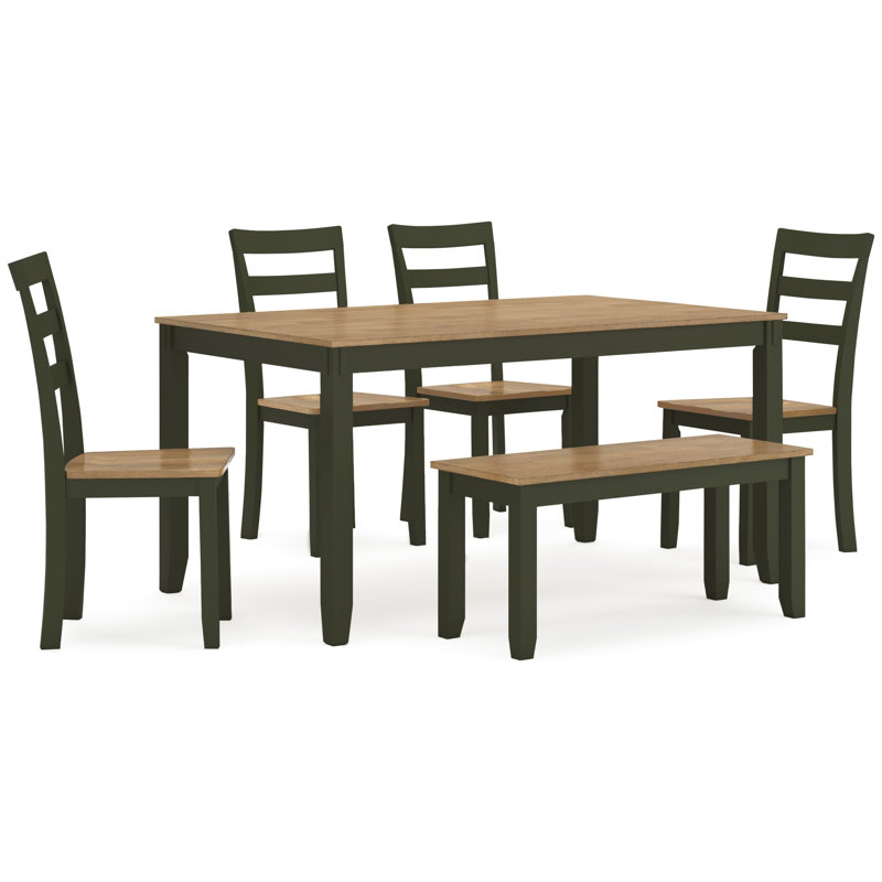 Table de salle à manger Gesthaven avec 4 chaises et banc (ensemble de 6), Vert / Bois, Vert, Vert / Bois