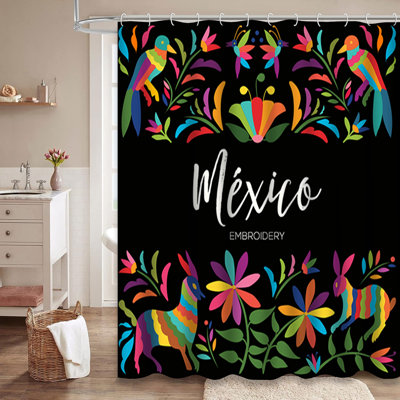 Colorful Mexican Floral Forest Animals Traditional Shower Curtain with 12 Hooks