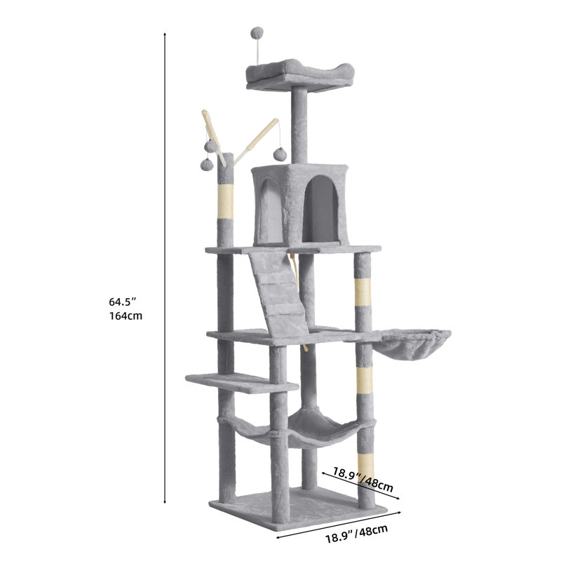 64.5" Multi-Level Cat Tree with Scratching Posts, Perch Hammock, and Playful Dangling Balls, Grey