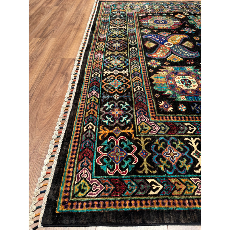 Tapis noir original en laine et coton noué à la main