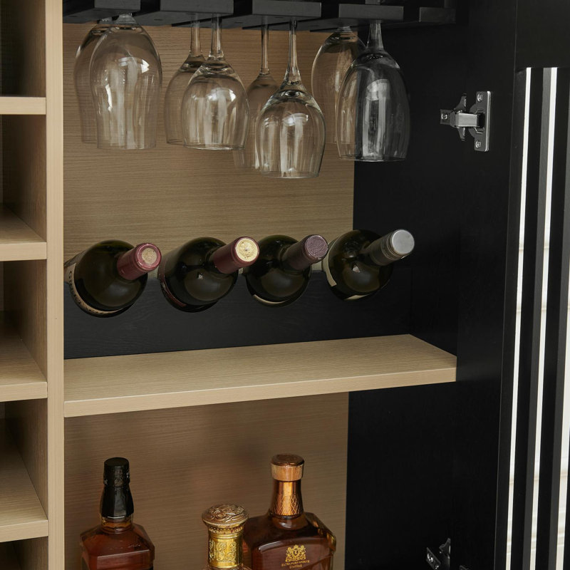 Mid Century Modern Fluted Liquor Cabinet with Wine Glass Holder and Rack, Noir