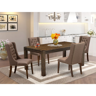 5 Piece Modern Dining Table Set Includes a Rectangle Rustic Wood Wooden Table and 4 Brown Linen Fabric Upholstered Chairs, Antique Walnut