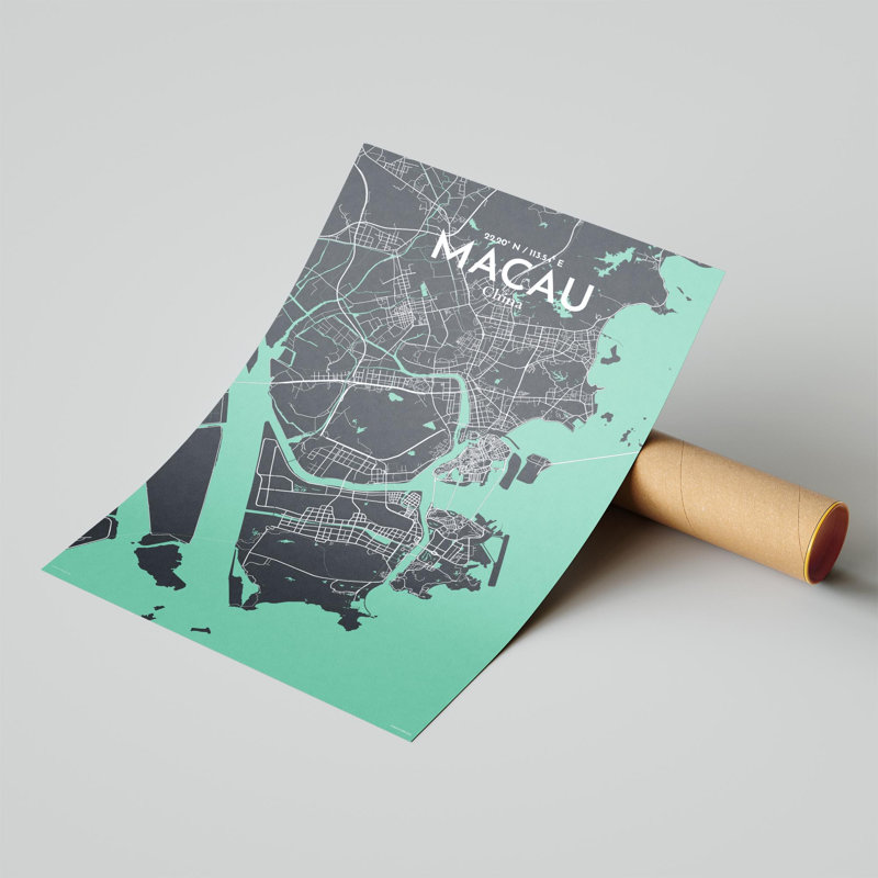 Macau, carte de la ville, impression, H 17 po x l 11 po, Vert/gris