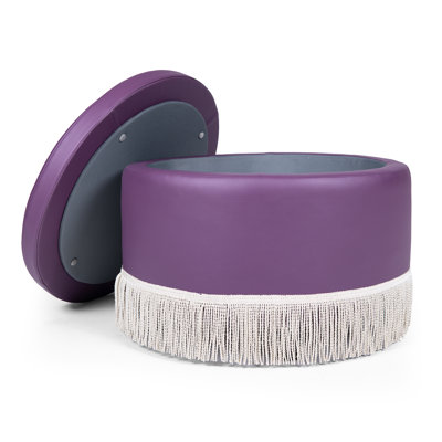 Fully Assembled Round Faux Leather Storage Ottoman with Tassel Trim