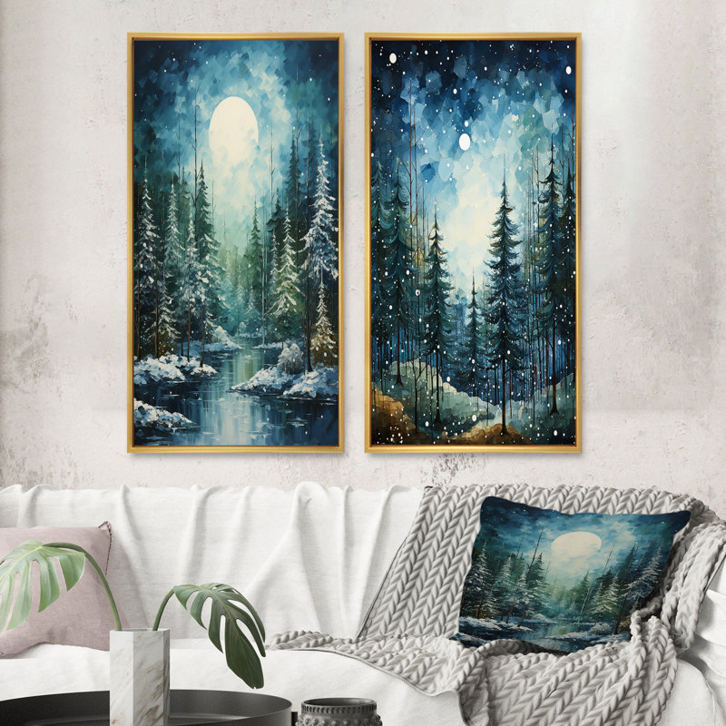 «Winter Snowy Evergreen», 2 pièces, H 40 po x l 40 po, Encadrement doré