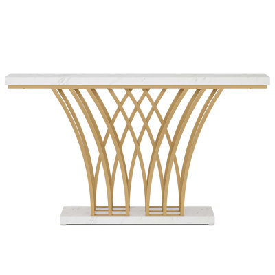59-Inch Modern Faux Marble Console Table With Grid Metal Base, Narrow Accent Sofa Table For Living Room And Hallway
