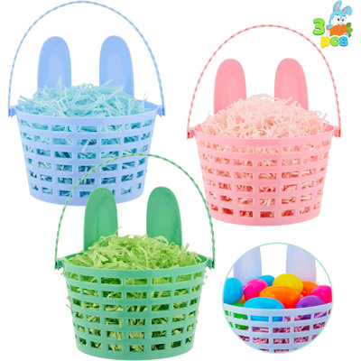 3 paniers en plastique de Pâques avec oreilles de lapin, poignée et herbe de papier déchiquetée 72G pour les cadeaux de fête de jardin, chasse aux œufs de Pâques, cadeaux de fêtes, cadeaux de Noël