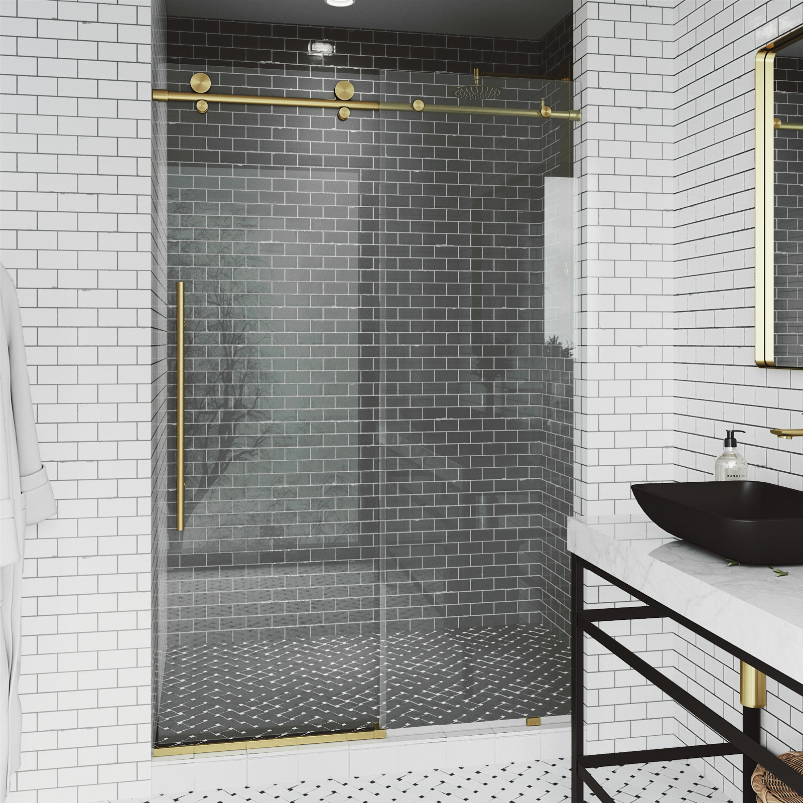 Elan E-Class 64" Frameless Sliding Shower Door, Matte Brushed Gold
