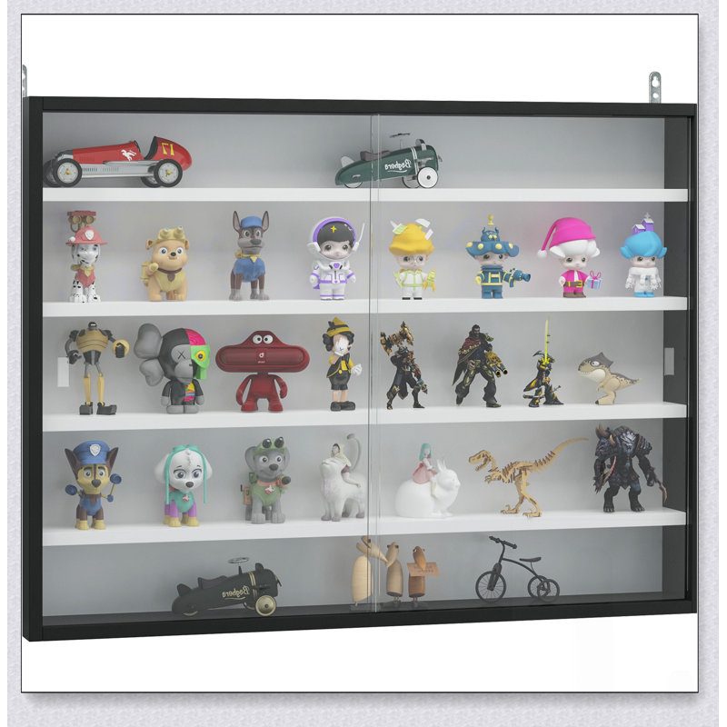 Vitrine murale en verre à 5 niveaux avec tablettes réglables et 2 portes, parfaite pour mettre en valeur des objets de collection et décoratifs.
