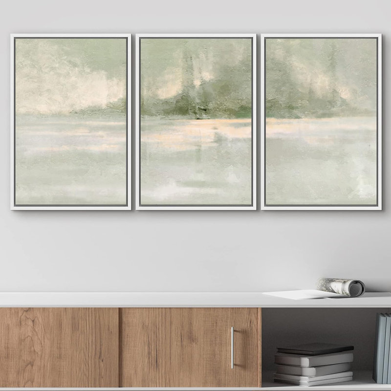 Minimaliste vert pastel grunge paysage formes abstraites moderne Art Decor Chic, Cadre flottant noir, H 24 po x l 48 po
