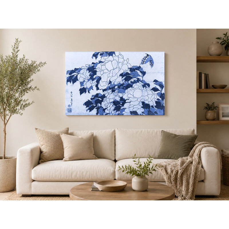 Pivoines et papillon (vers 1833) - art mural sur toile paysage, 20" W x 16" H