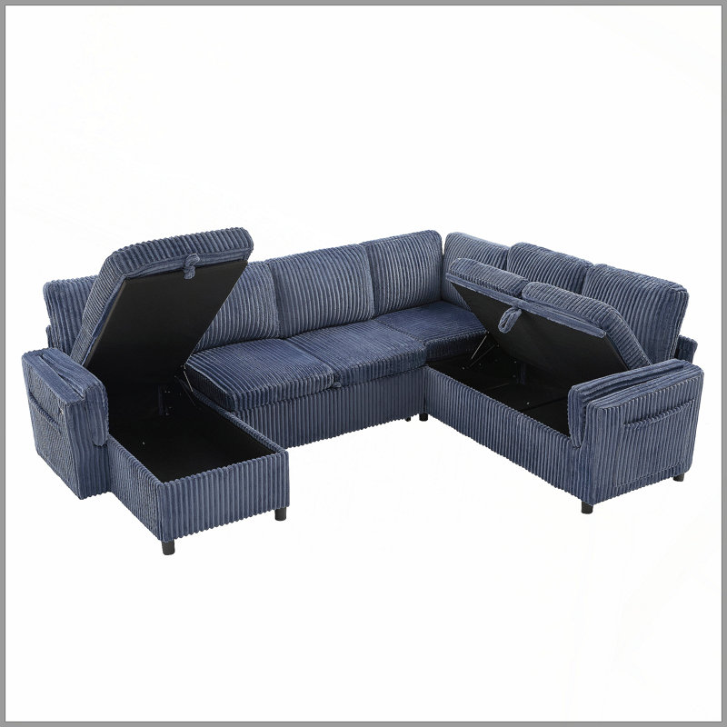 Canapé-lit convertible Canapé-lit modulaire rétractable en forme de U de 111 po avec ports USB et rangement pour le salon, bleu