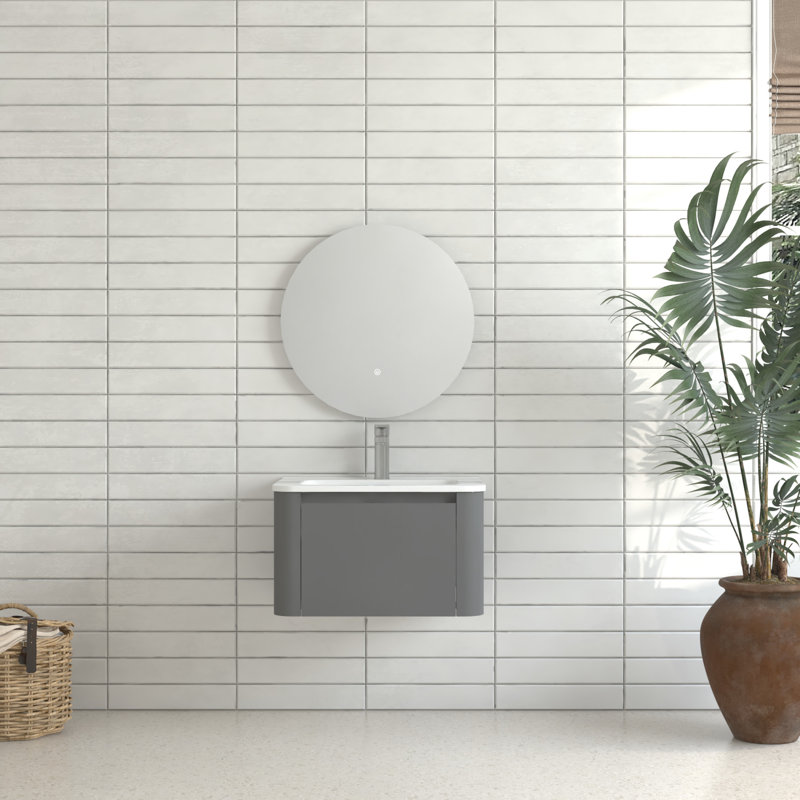 24-Inch Wall Mounted Bathroom Vanity In Grey, Featuring White Ceramic Integrated Basin, 45 Angled Handle, Soft-Close Drawer, Waterproof Structure, Ample Storage For Toiletries, American Style, Easy