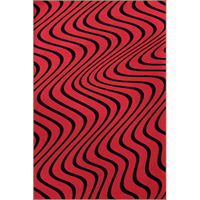 Red Toned Black Wavy Spiral Patterned Creative Modern Decorative Rug Machine Washable