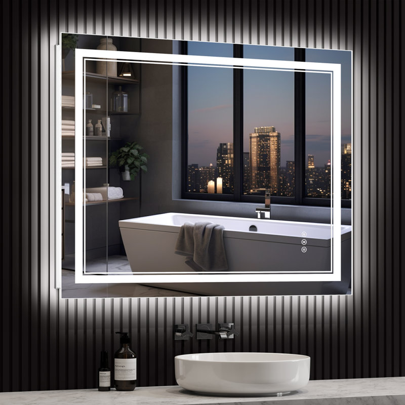 LED Lighted Bathroom Mirror: Front and Backlit, Tempered Glass, 3 Colors, Dimmable, CRI 90+, Defog, 40" x 32"