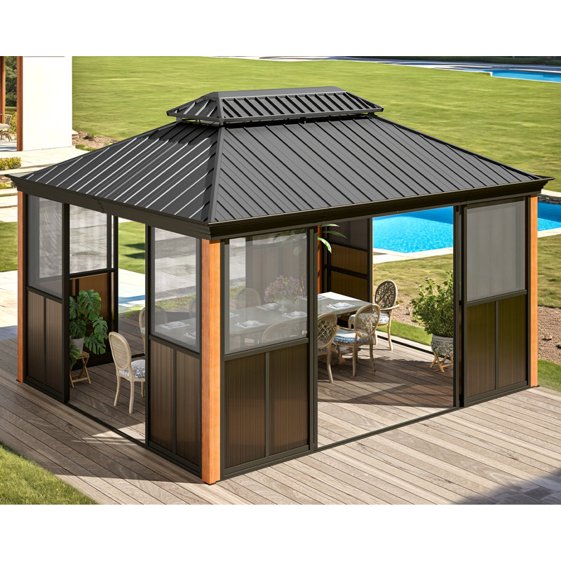 12' X 14' Sunroom, Gazebo With Slide Doors & Mesh, Wood Grain Appearance Solarium For Backyard Patio, 168" W x 144" D