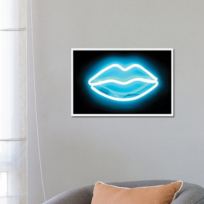 Neon Lips Aqua On Black by Hailey Carr - Print on Canvas
