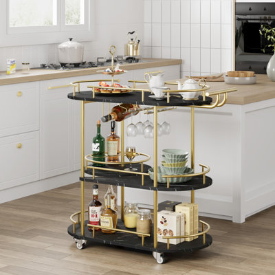 3-Tier Bar Cart on Wheels, Mobile Serving Cart with Wine Rack and Glass Holder, Metal Kitchen Utility Cart for Coffee Station, Mini Home Bar, Dining Room