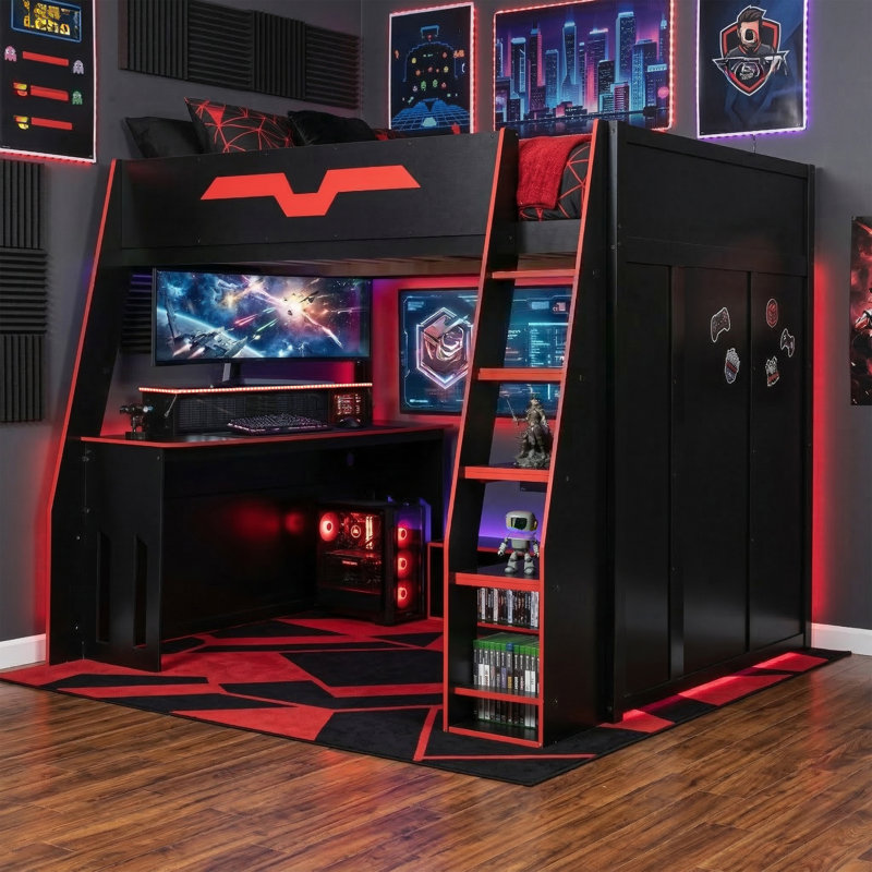 Full Size Wood Loft Bed with Adjustable Desk, Multi-Storage Shelves & RGB LED Light, Red, Red