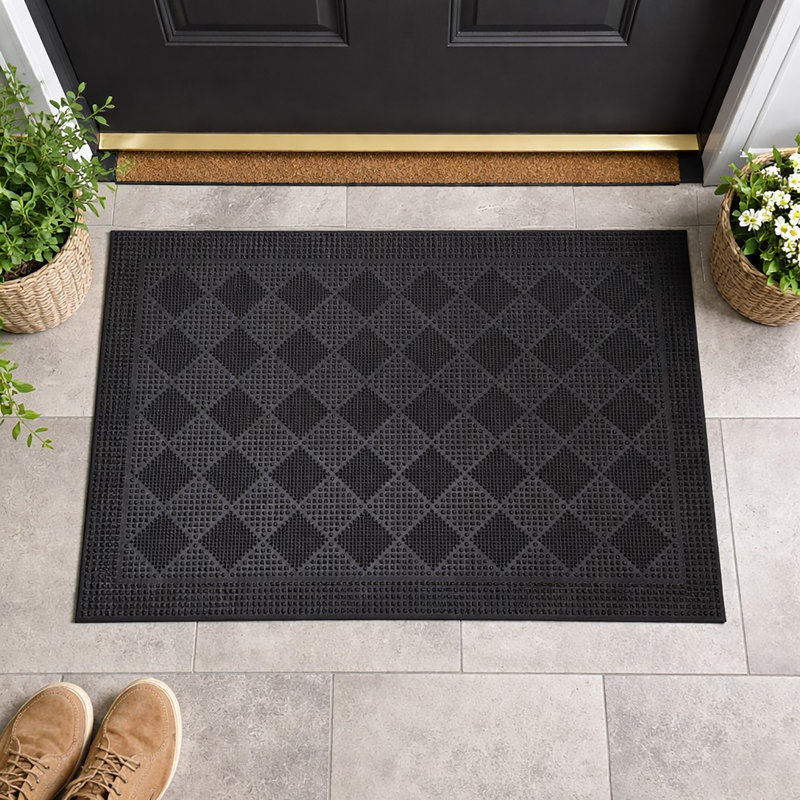 Outdoor Front Door Mat Drew Checkerboard Rubber Pine Rug 24x16 Black