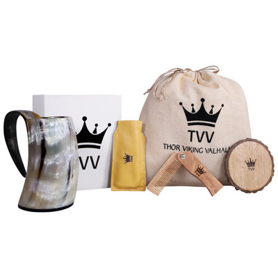Coffret de tasses en corne de bœuf viking avec peigne en bois et sous-verre, cadeau pour garçons d'honneur