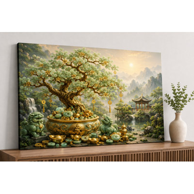 Large Chinese Feng Shui Jade Money Tree Guardian Lion Wall Art Canvas Print 24X36 Inch Prosperity Garden Decor, Nature Artwork, Living Room Decor, Wealth Symbol Accent - Ready To Hang