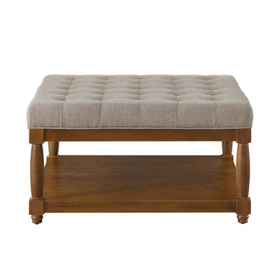Large Footstool Coffee Table With Cushion And Raised Linen Material, Large Footrest With Solid Wood Shelf