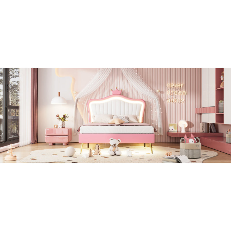 Lit princesse rembourré moderne Eleni avec tête de lit couronne et lumières DEL, Double, Blanc / rose
