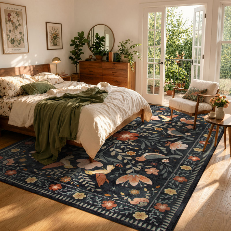 Goldene Boho Bird Area Rug Washable Rugs for Living Room, Large Floral Bedroom Carpet Low-Pile, Rectangle 8' x 10'