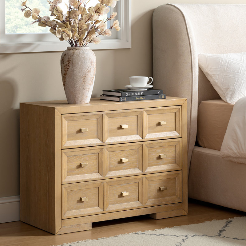 Royalwood Modern 32''W 3-Drawer Solid Wood Nightstand with Charging Station and Metal Knobs, Natural Wood