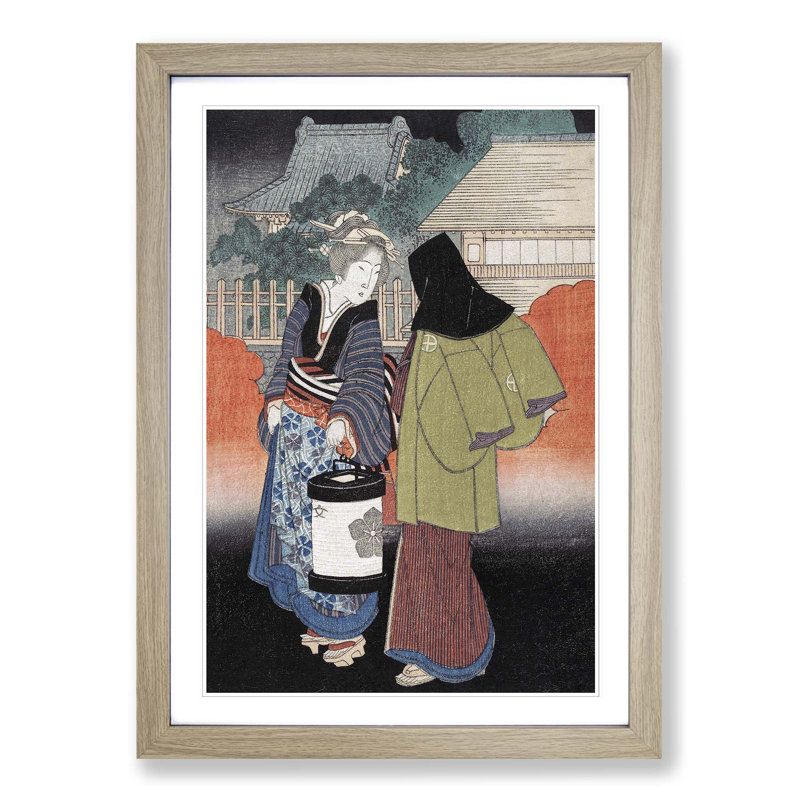 Night Scene by Yashima Gakutei - Picture Frame Painting Print, 36cm H x 27cm W x 2cm D, Oak Framed