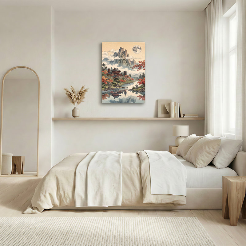 «Asian Mountain Temple with Red Maples and Moon», art mural sur toile, H 18 po x l 12 po
