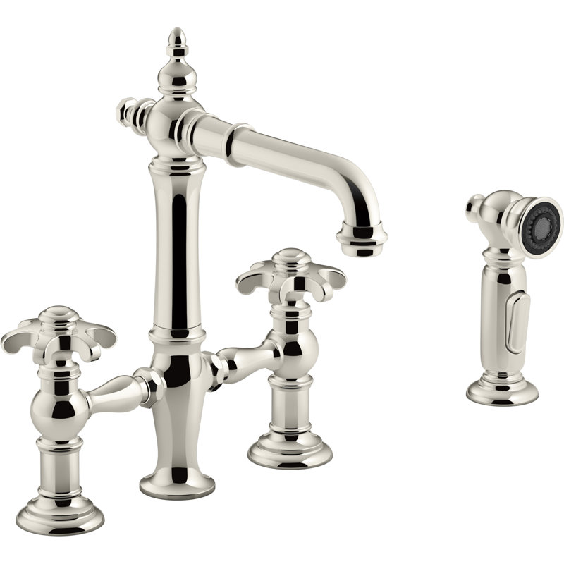 Artifacts Bridge Faucet with Side Spray, Vibrant Polished Nickel, Knob/Cross Handle