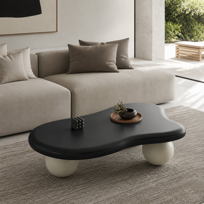Table basse de 47 pouces en forme de nuage avec 3 pieds sphériques pour le salon, pieds noirs et pieds blancs