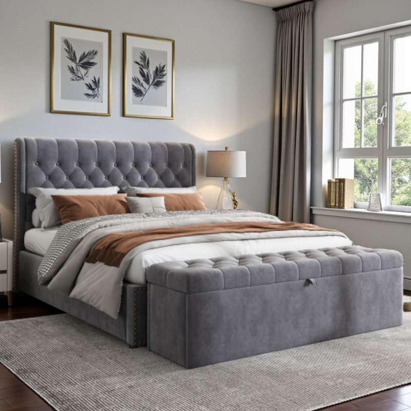 Caddo Velvet Upholstered Bed With Hydraulic Lever, Functional Storage Bed, Rivet Decoration, Super King (6'), Grey Velvet