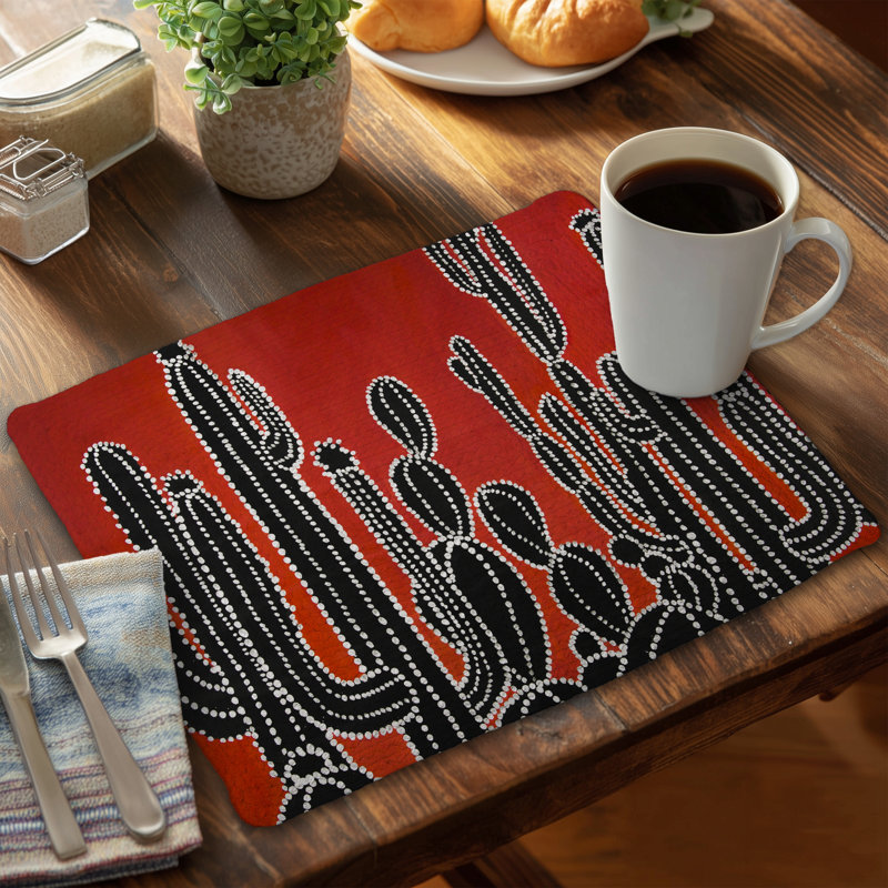Black Tall Cactus Floral Retro Braided Polyester Placemat