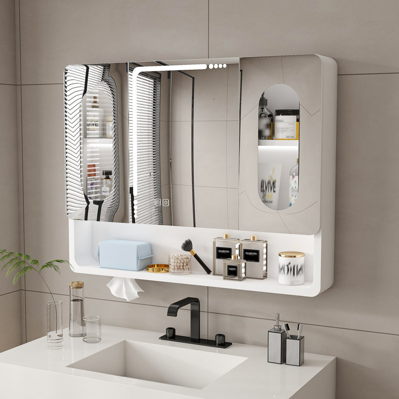 Armoire de salle de bain murale à miroir avec lumières DEL, anti-buée et anti-déflagrant, armoire à pharmacie tactile, éclairage 3 couleurs, désembueur, rangement avec verre transparent