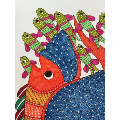 «Group of Fishes Gond», marqueurs alcooliques et fineliners, peinture sur papier par Ruchi - art mural tribal indien aquatique