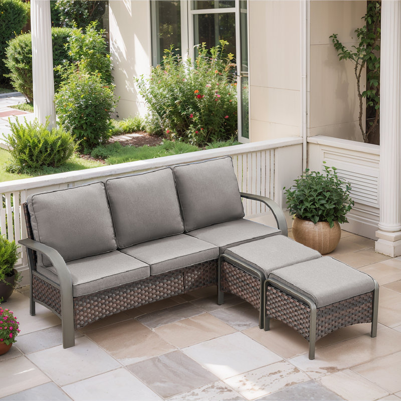 Bobra Patio Rattan Outdoor Wicker Sofa With Ottomans And Cushions, Gray