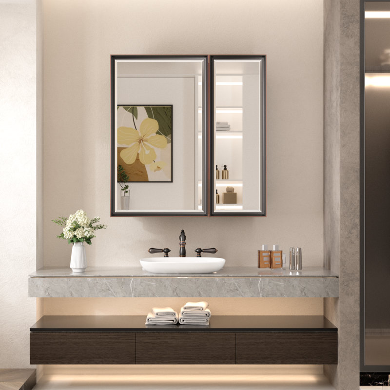 Armoire à pharmacie avec miroir et tablettes Cyrille, H 32 po x l 30 po x P 5,2 po, Bronze frotté à l'huile