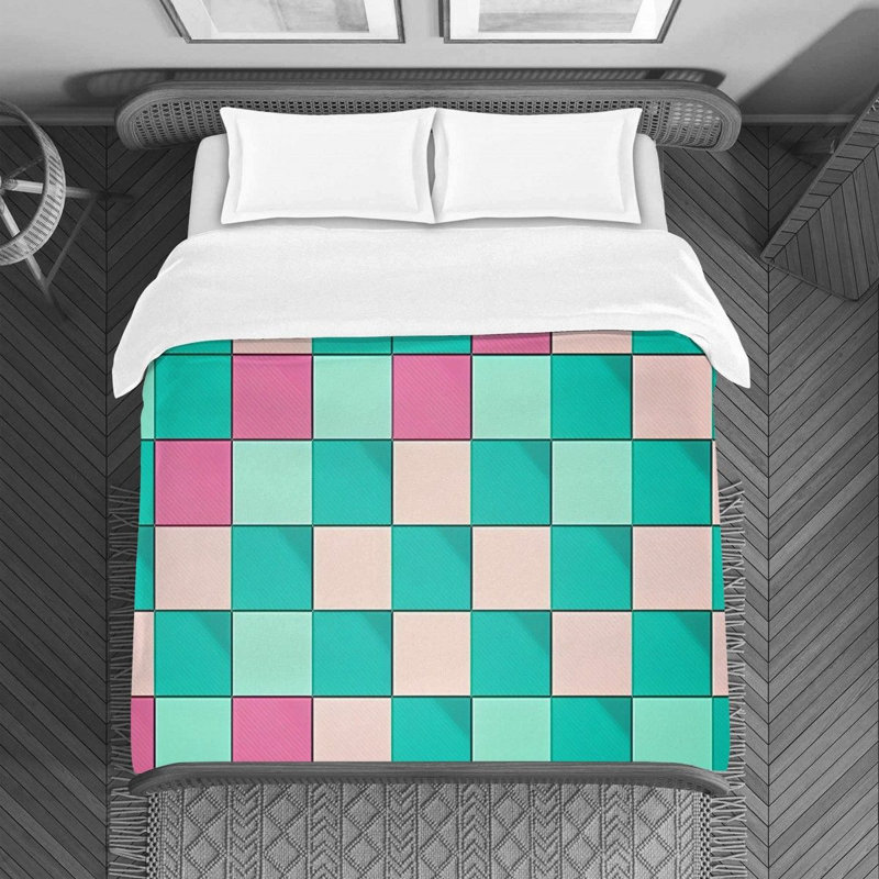 Polyester Duvet Cover, Queen Duvet Cover, Pink/Green Checkered